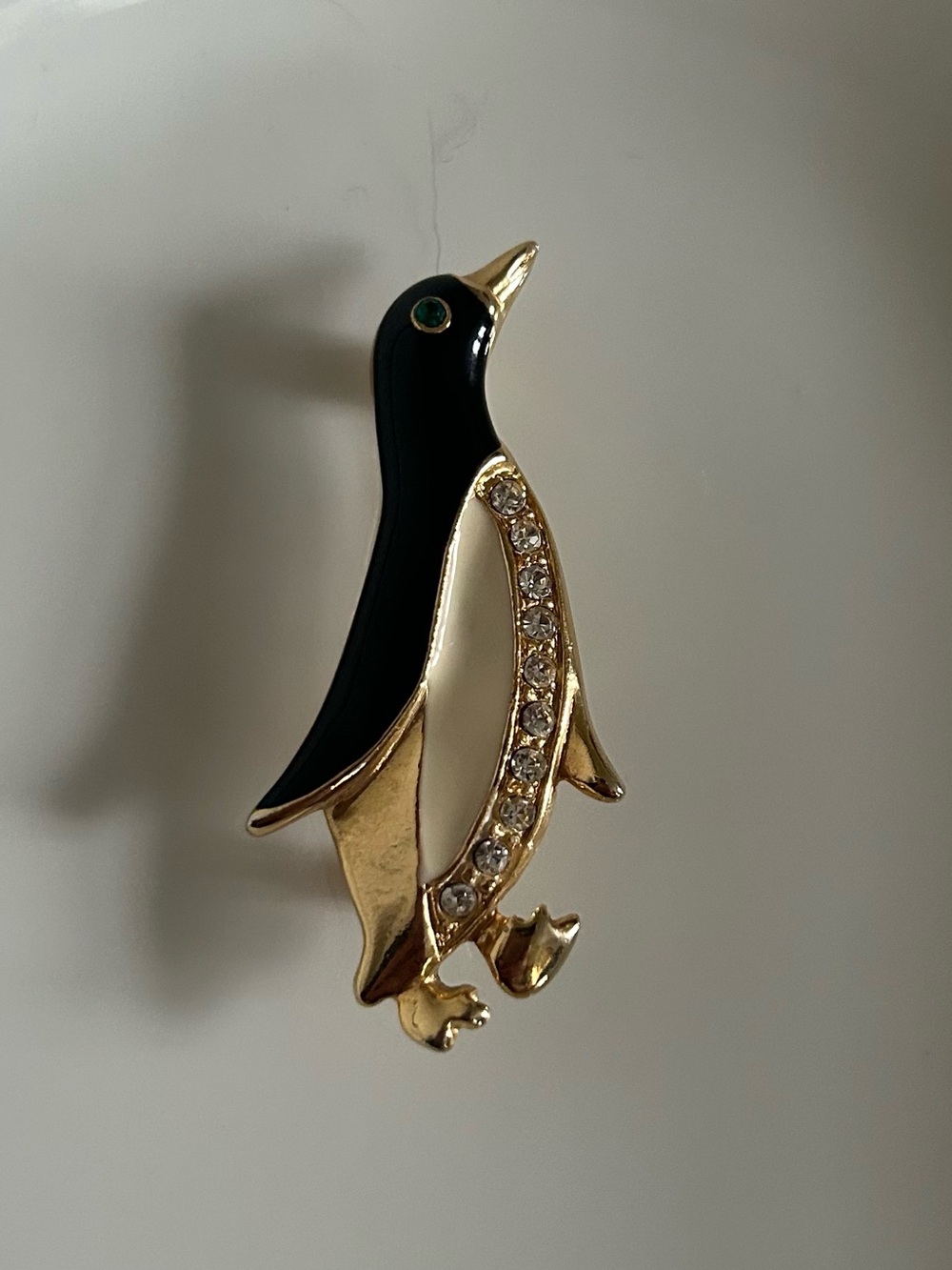 Gold-Tone Black/Cream Penguin Pin with Crystal Accents